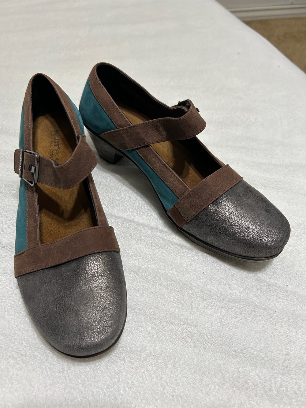 Naot Two-Tone Mary Jane Heels in Teal, Brown & Metallic Gray